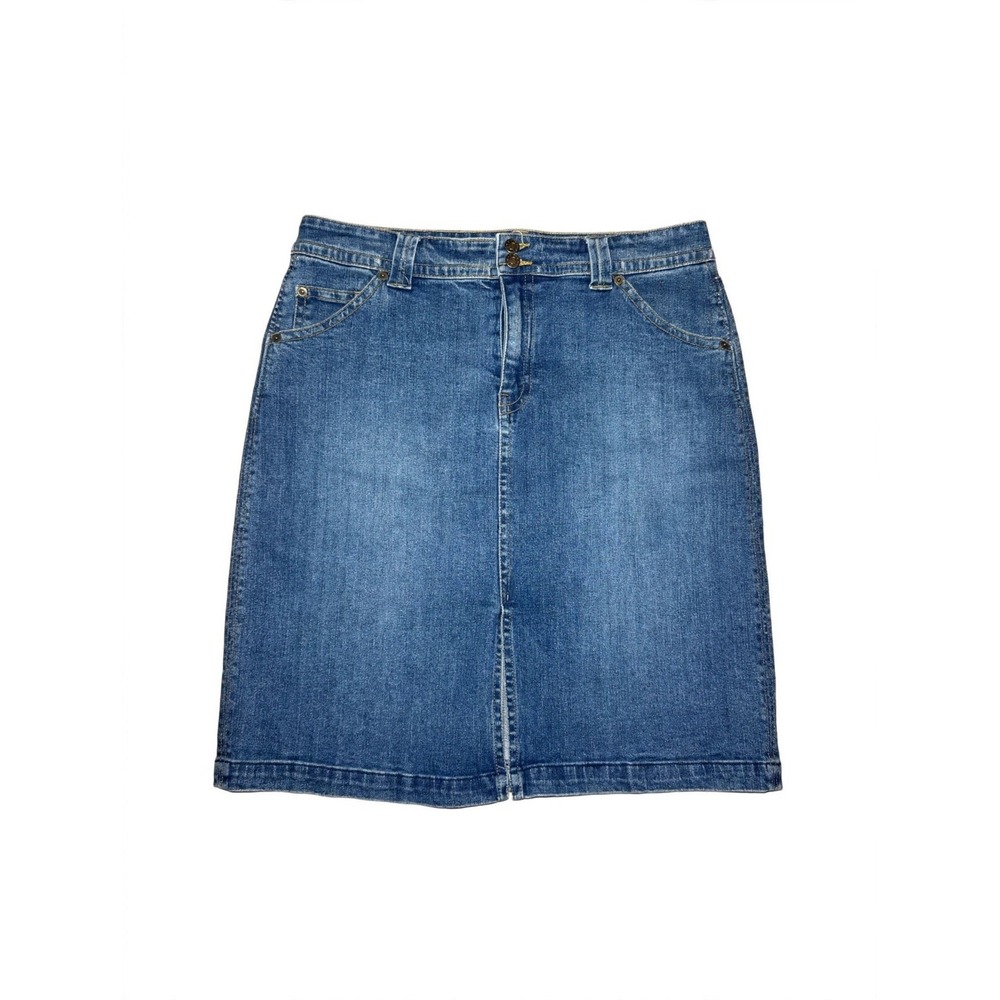 Y2K Denim Skirt 12 Knee Length Distressed Front Slit Boho Vintage St John's Bay